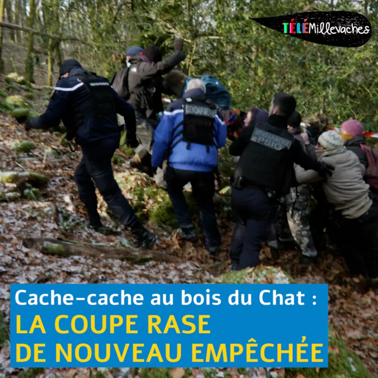 Dans la confusion, un petit groupe de personne monte une pente dans un bois, encadrées par trois gendarmes.