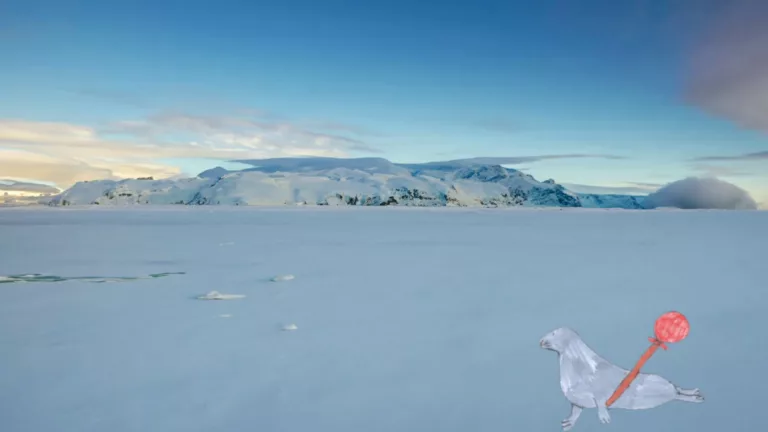 Au cœur d'une immense étendue plate de neige, un phoque tire derrière lui un petit balluchon.