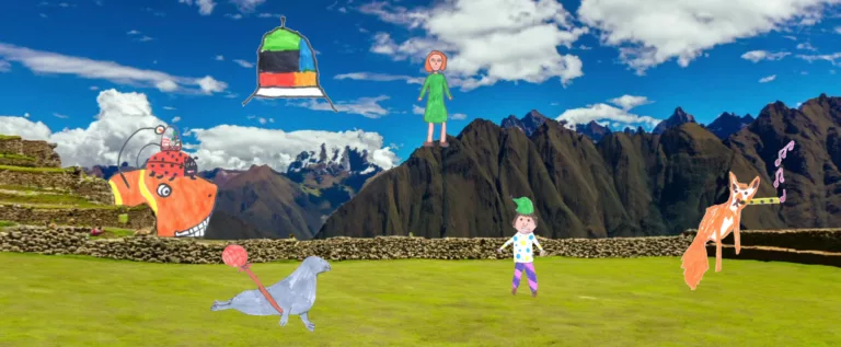 Sur un haut plateau cerné par les montagnes sont rassemblés un OVNI, une fille, un enfant, avec phoque avec un balluchon, un renard flûtiste, une coccinelle et un gros poisson.