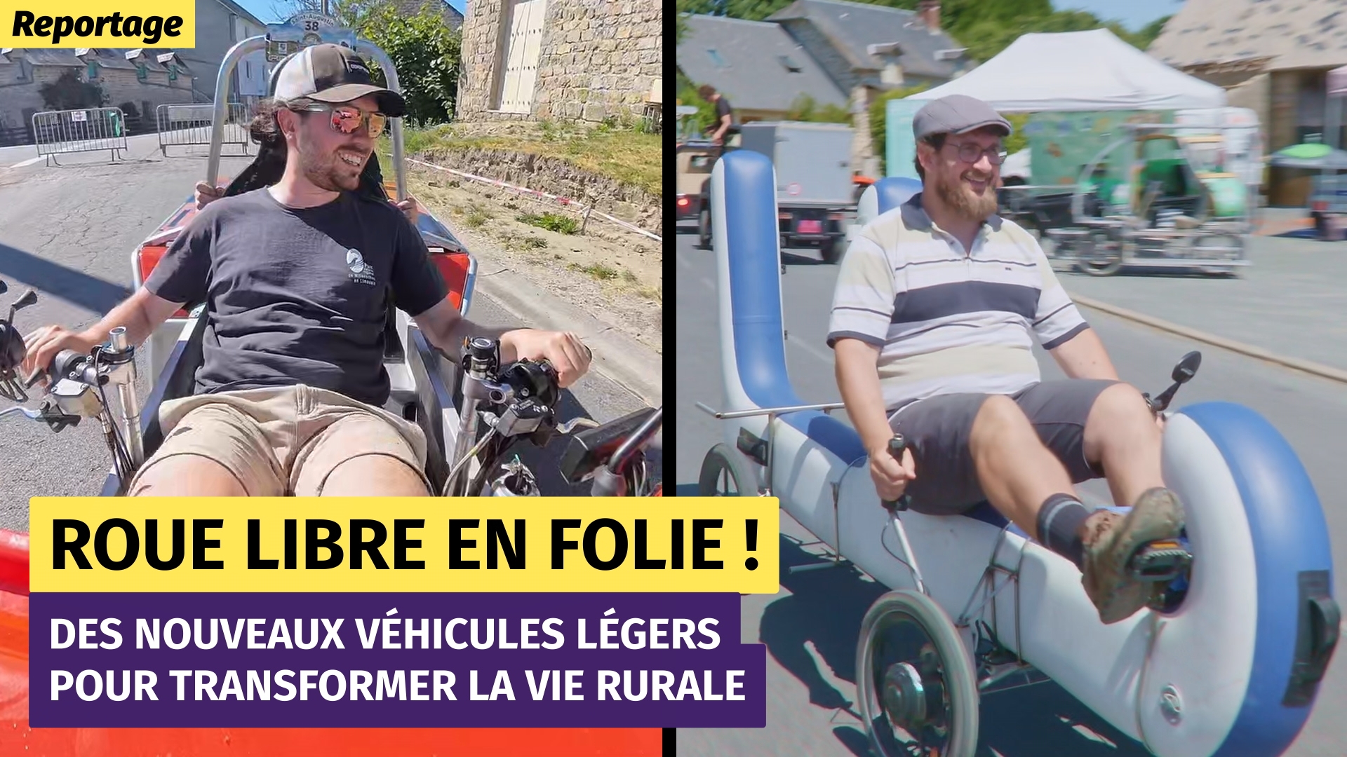 Deux photos montrant deux hommes assis sur des vélos à quatre roues. Sur la photo de gauche, on voit un homme portant des lunettes de soleil, penché en arrière sur un vélo de type kart orange. À droite, on voit un homme sur un vélo biplace long et étrange. Tous deux ont l'air de s'amuser.